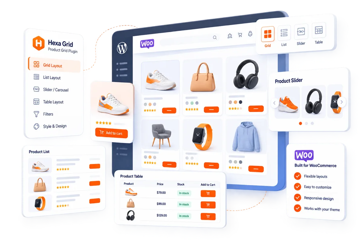 Hexa Grid WooCommerce product display plugin interface showing multiple product layouts