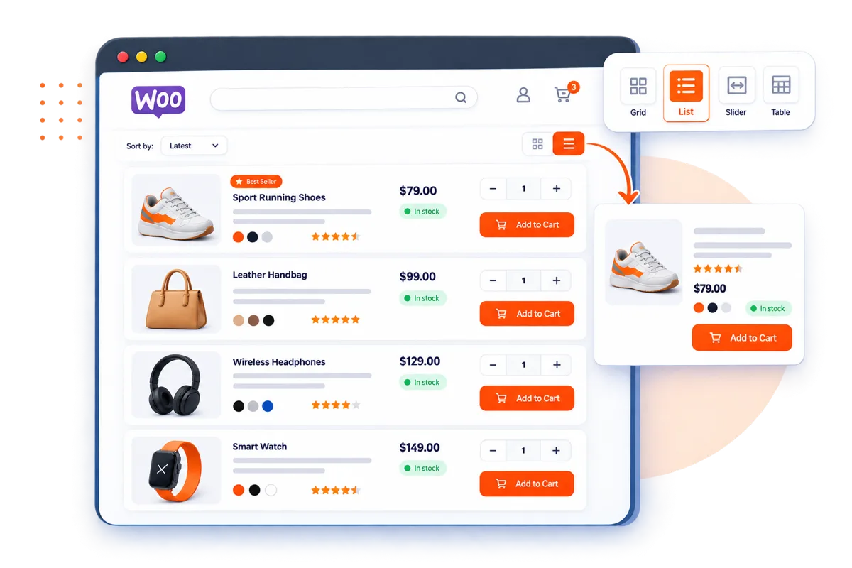 Hexa Grid WooCommerce product list layout showing products with details in a clean vertical list