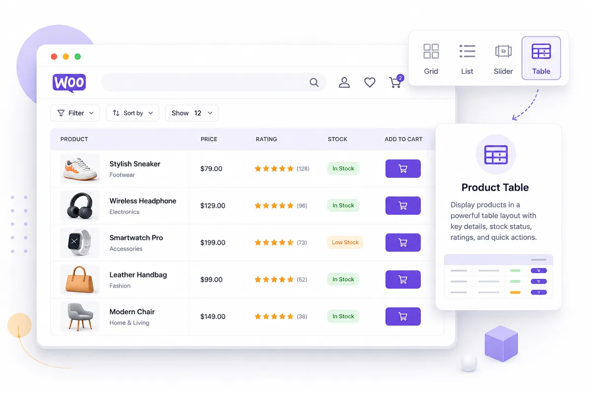 Hexa Grid WooCommerce product table layout presenting products in a structured table